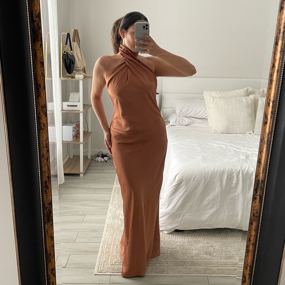 knee length dresses for ladies Jasmine Halter Maxi Dress ~ Copper Luxe Satin XL